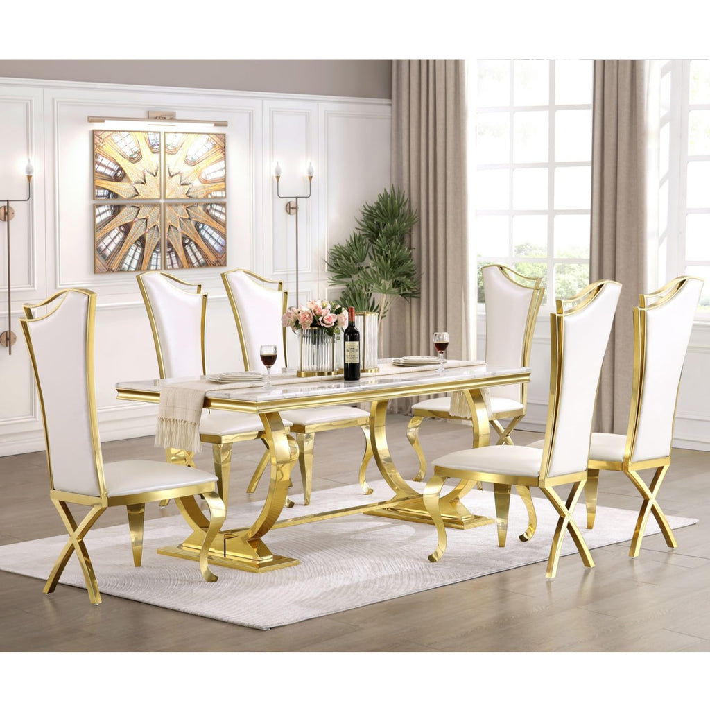 White and Gold Dining Table, Luxury 70" Faux Marble Dining Room Table with High Gloss White Top and Gold Metal U-Base
