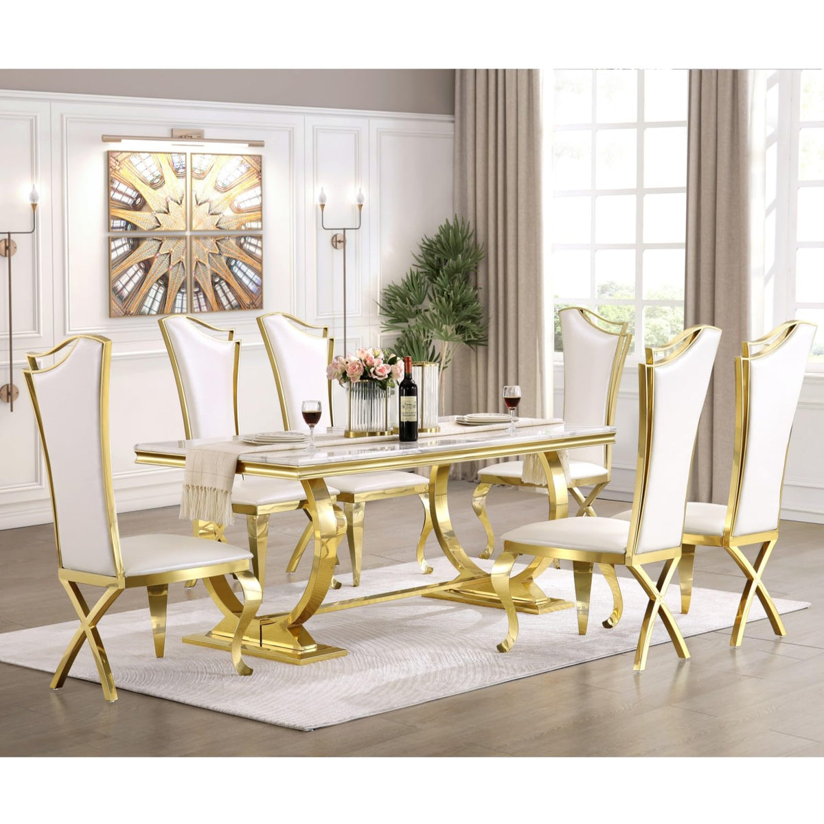 White and Gold Dining Table, Luxury 70" Faux Marble Dining Room Table with High Gloss White Top and Gold Metal U-Base