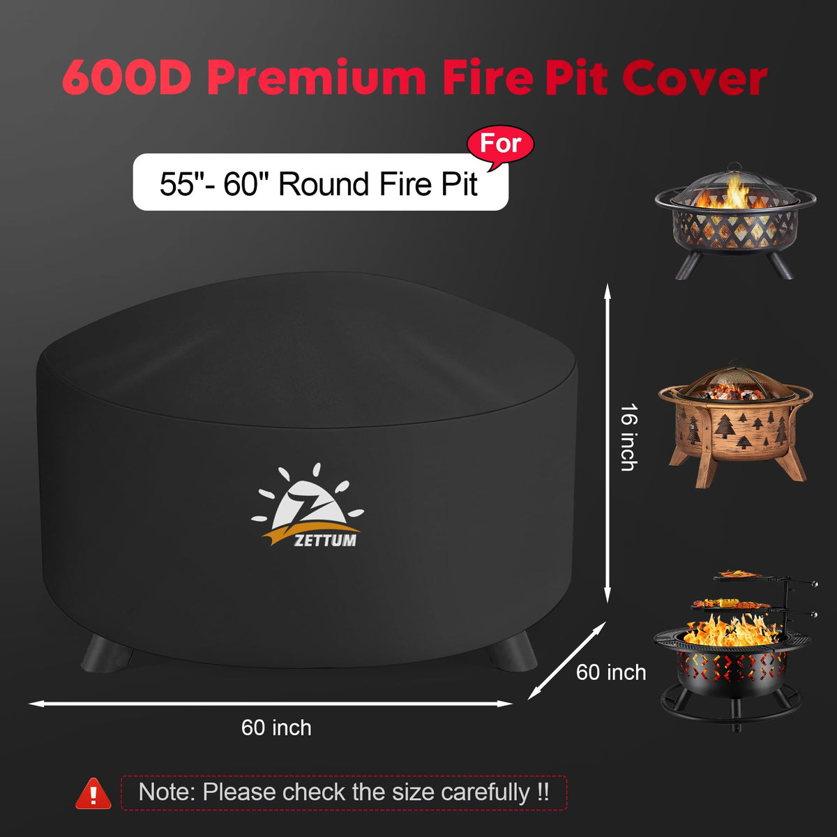 Fire Pit Cover Round 60 Inch - Outdoor Firepit Cover Heavy Duty & Waterproof, 600D Patio Fire Table Cover Large Gas