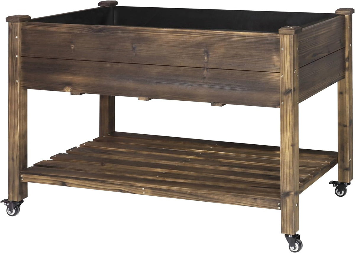 48x24x33in Cedar Raised Garden Bed, Planter Raised Beds with Lockable Wheels, Storage Shelf, Raised Garden Beds
