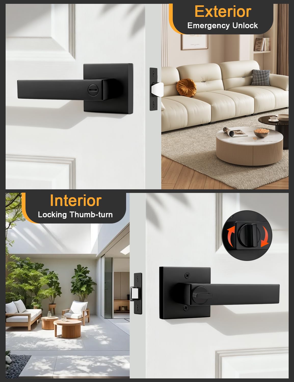 6 Pack Square Privacy Door Levers Locksets in Matte Black Finish, Bed/Bath Door Levers Keyless Interior