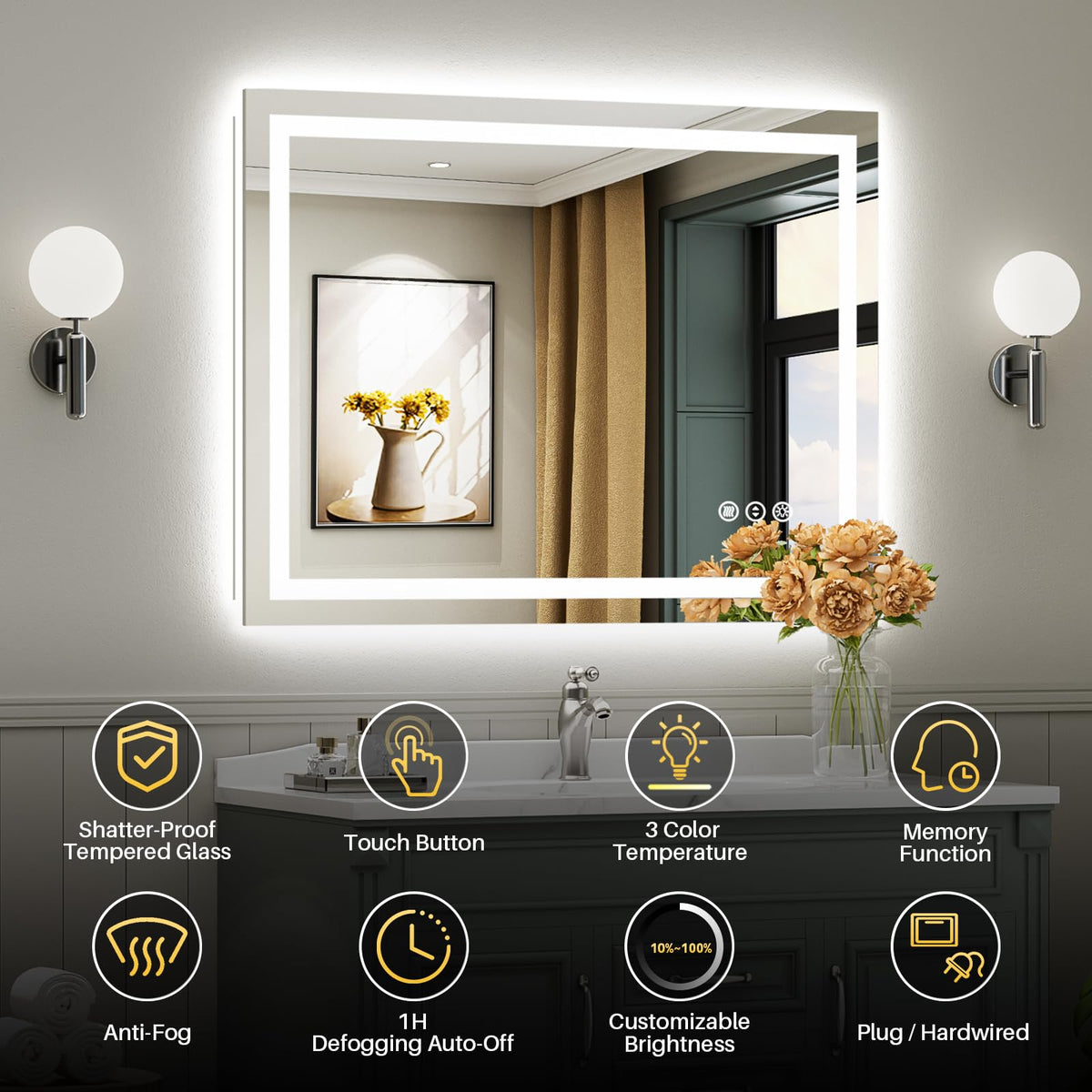 40x24 Inch LED Bathroom Mirror with Lights, Backlit & Front Lit