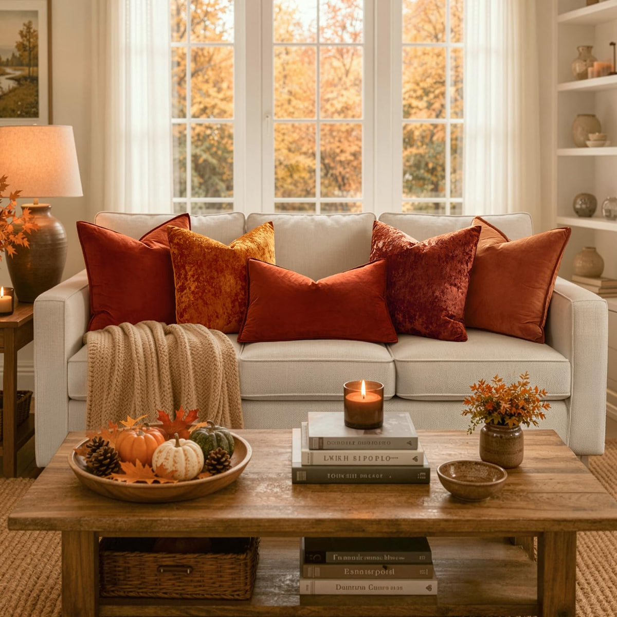 Fall Velvet Throw Pillow Covers Burnt Orange 16x16 inch Set of 2
