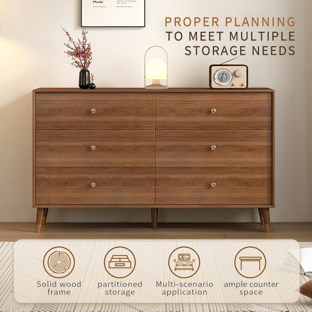6-Drawer Dresser, Solid Wood Frame, Sturdy and Spacious Design, Modern Bedroom Storage Organizer, Multi-Functional