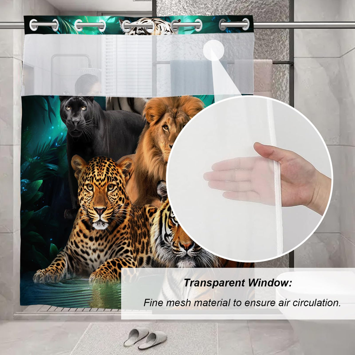 Wild Jungle Animal Waffle Shower Curtain Leopard Lion Tiger Panther No Hooks Shower Curtains with Snap in Liner