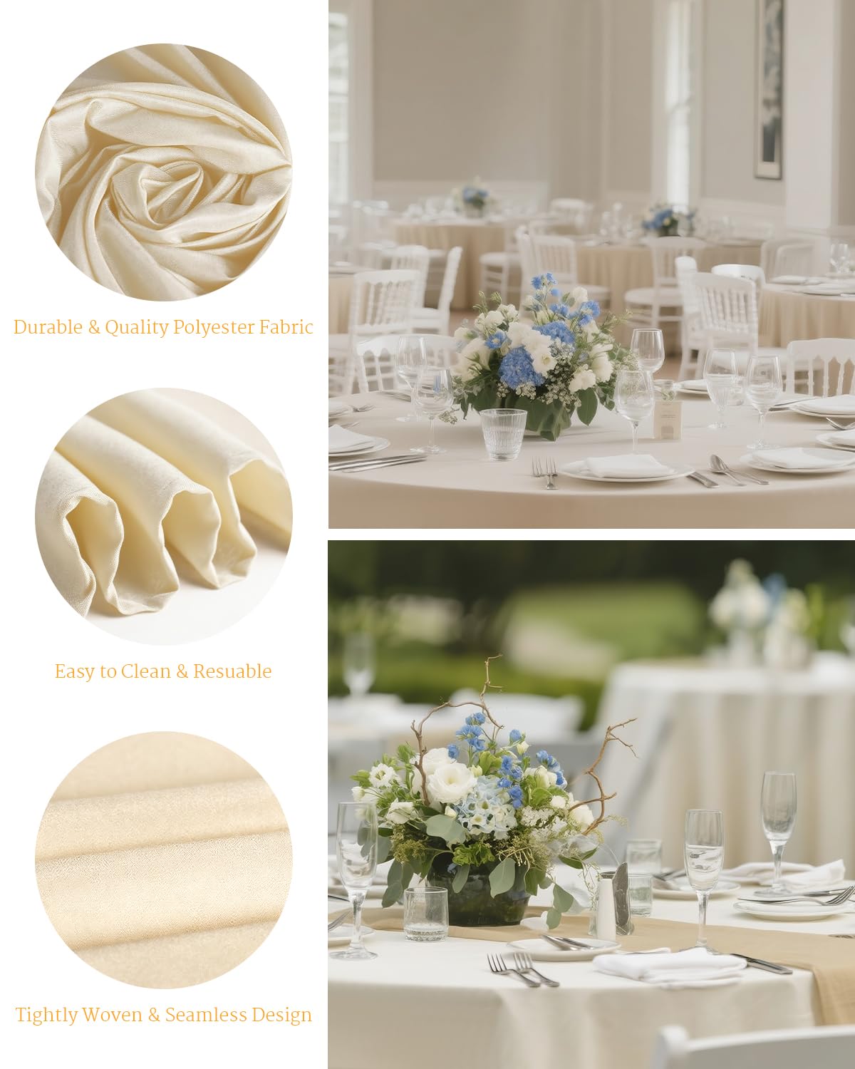 6 Pack 120 Inch Ivory Round Polyester Tablecloth for 48"-78" Tables
