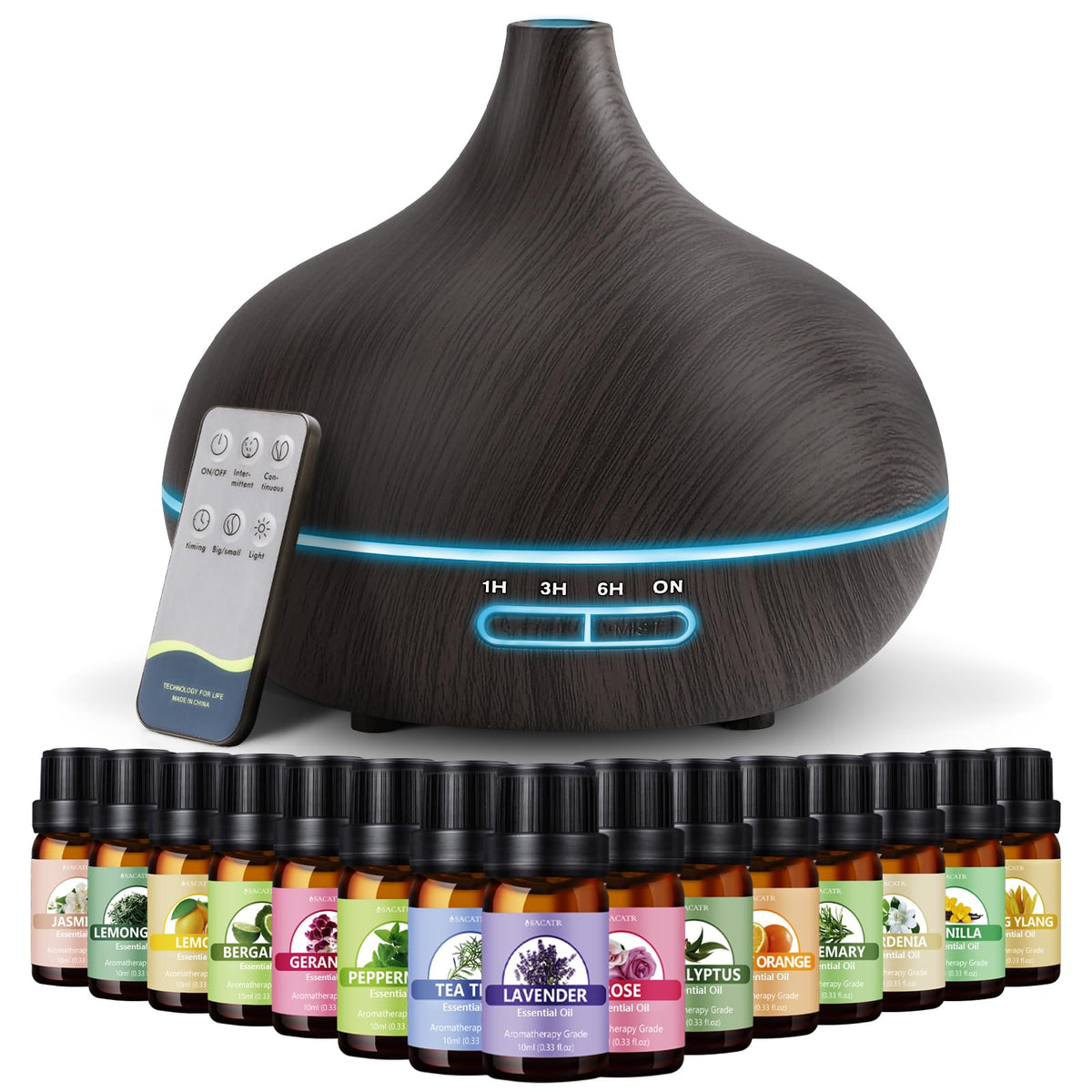 550ml Oil Diffuser with 15x10ml Aromatherapy Grade Essential Oils