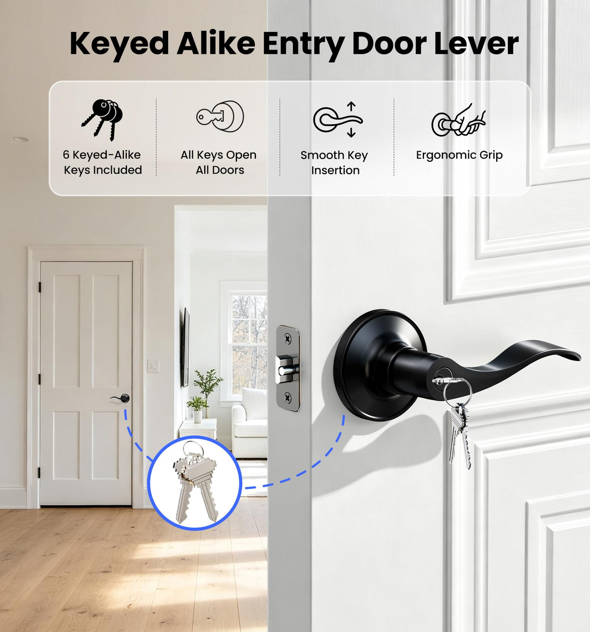 2 Pack Keyed Alike Entry Door Handles with Locks & Keys, Matte Black