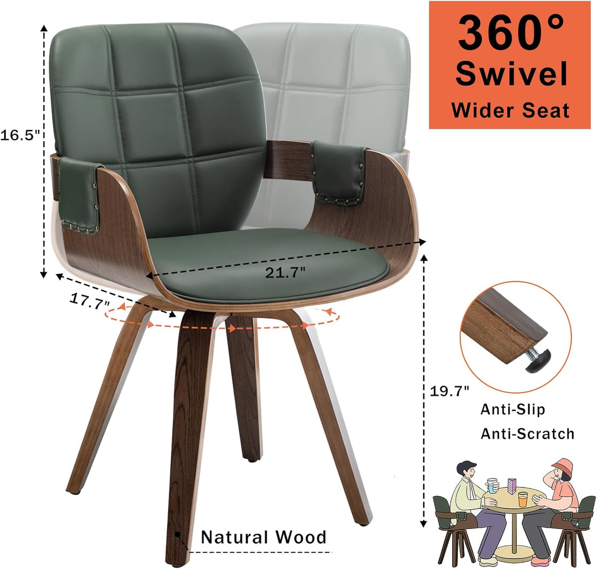 Mid-Century Modern Dining Chairs Set of 2, Swivel Faux Leather Dining Chairs with Arms and Curved Bentwood Back for Kitchen or Restaurant, Walnut Green