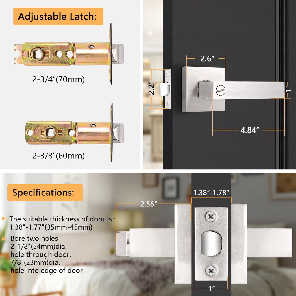 Brushed Nickel Interior Door Handles, ANSI/BHMA Grade 3 Intertek-Verified, 2 Pack Solid Zinc Alloy Square Privacy