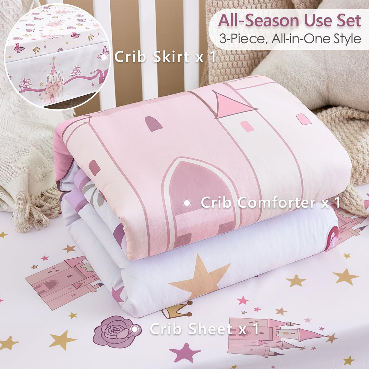 3-Piece Crib Bedding Set for Girls - Ultra Soft Baby Bedding Set Includes Crib Comforter, Sheet & Skirt (Purple)