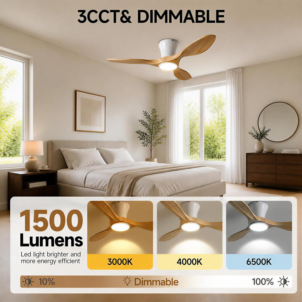 42" Wood Flush Mount Ceiling Fan with Light & Remote