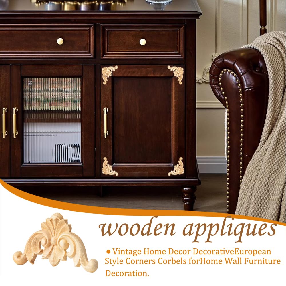 32PCS Wood Appliques and Onlays Wood Appliques for Furniture Decorative Wooden DIY Carved Onlay for Bed Door Cabinet