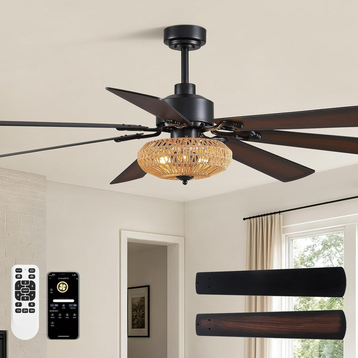 72" Matte Black Ceiling Fan with Light & Remote