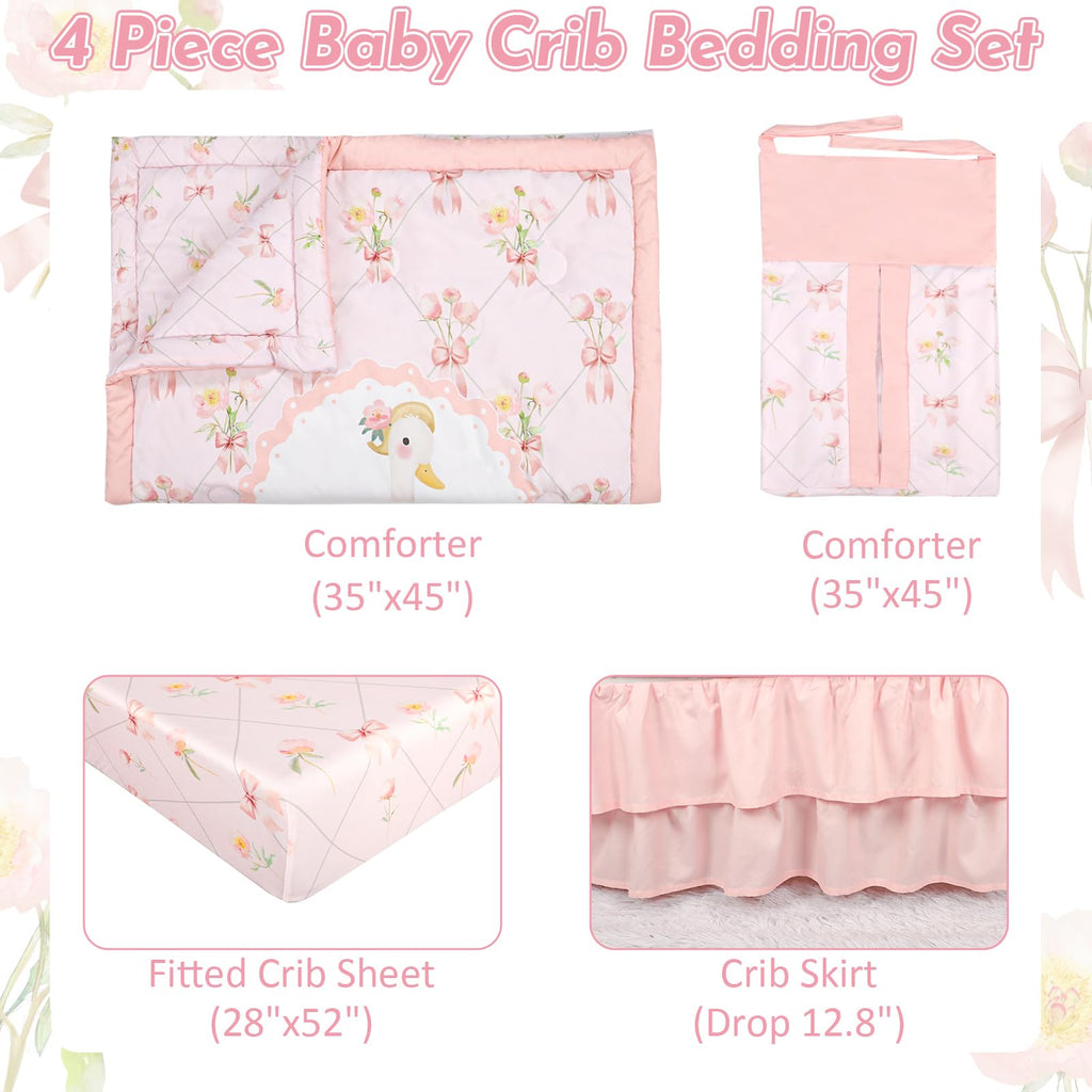 4-Piece Crib Bedding Set for Girls, Baby Nursery Bedding Sets Pink Includes Comforter, Fitted Crib Sheet, Crib Skirt
