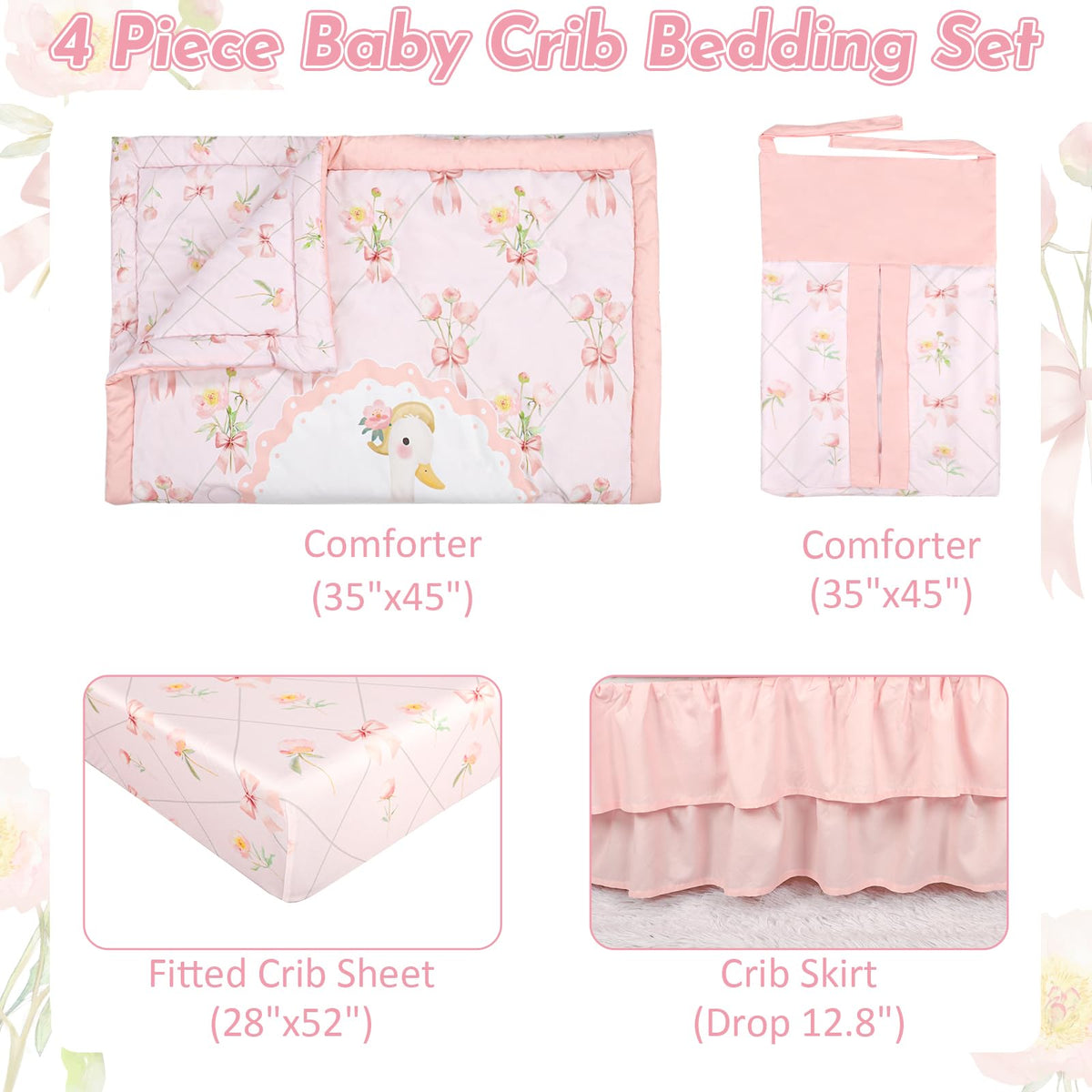 4-Piece Crib Bedding Set for Girls, Baby Nursery Bedding Sets Pink Includes Comforter, Fitted Crib Sheet, Crib Skirt