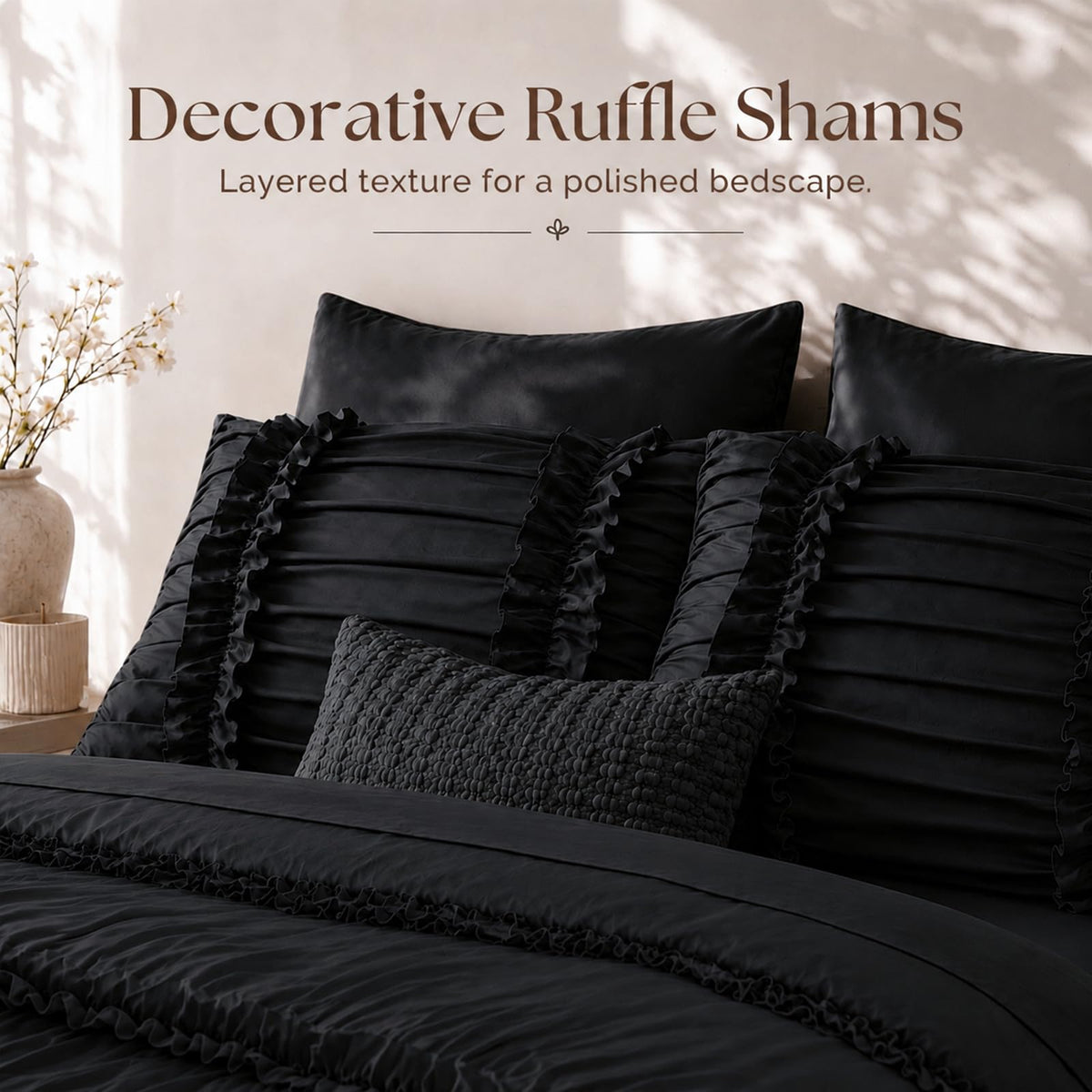 Ruffle Comforter Set, Ruched Bed in a Bag, 7-Piece, Black