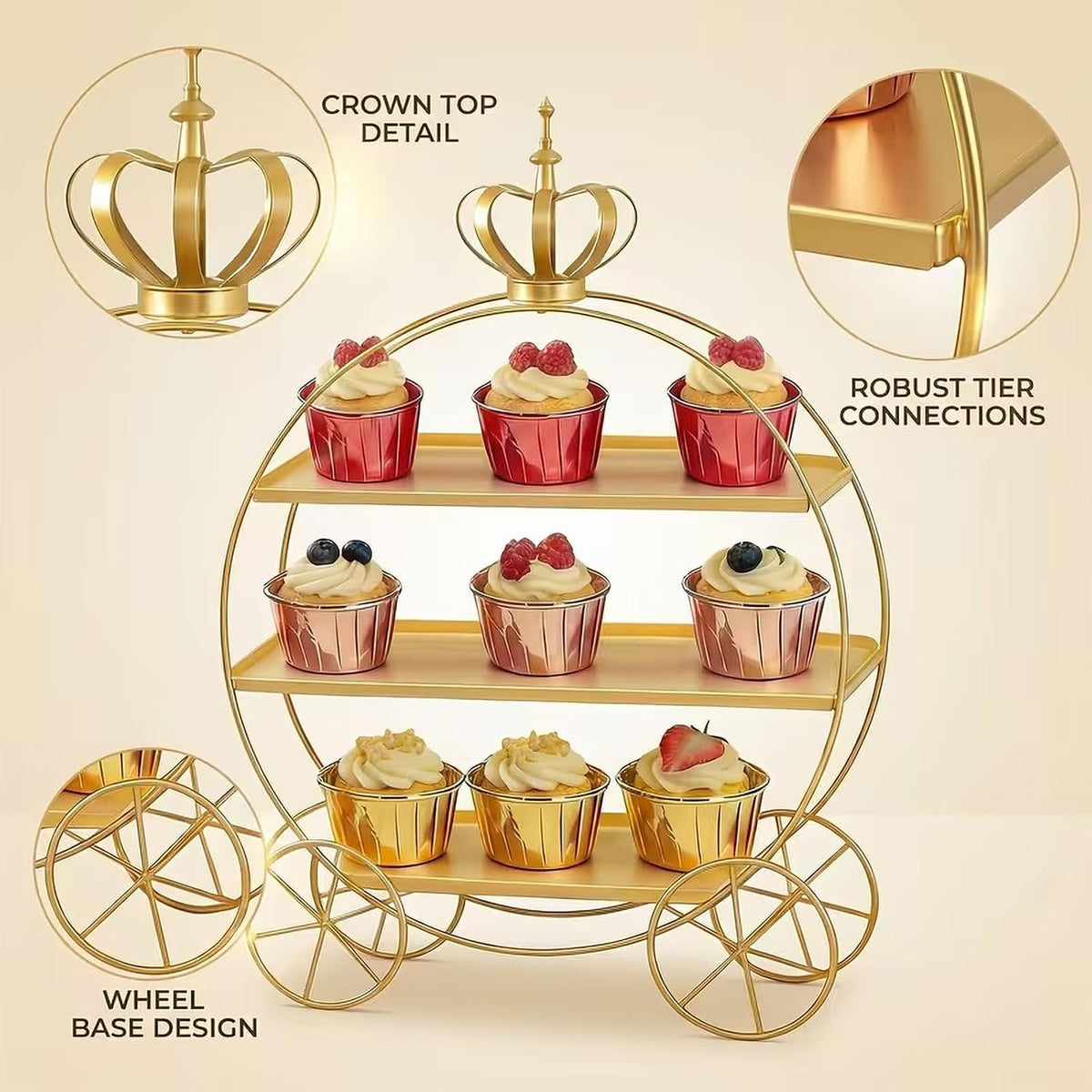 3-Tier Gold Cupcake Stand for Weddings & Parties - Tiered Serving Tray Crown Dessert Table Display Stand Holder