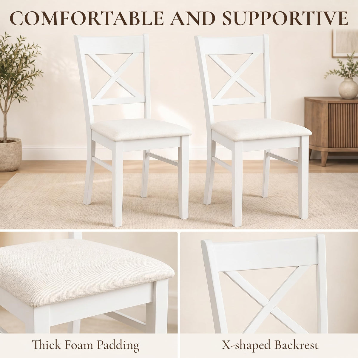 Dining Chairs Set of 2 Upholstered Kitchen Chairs Cross Back White