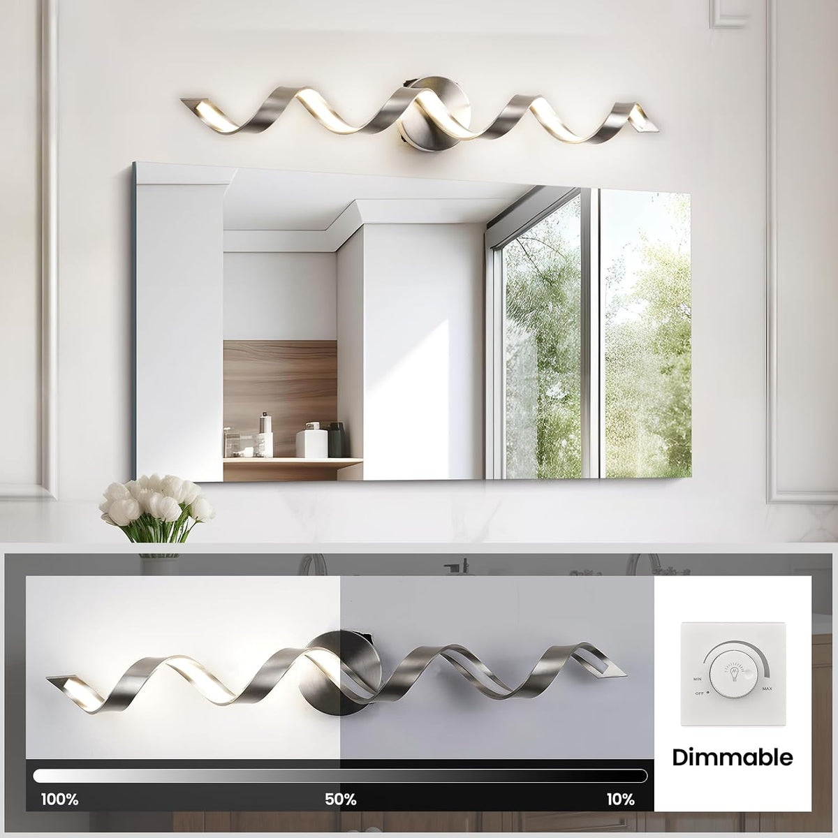 LED Modern Bathroom Vanity Light Fixtures, 31 inch Brushed Nickel Wall Lamp Bedroom 4000K, Spiral Design Wall Sconce