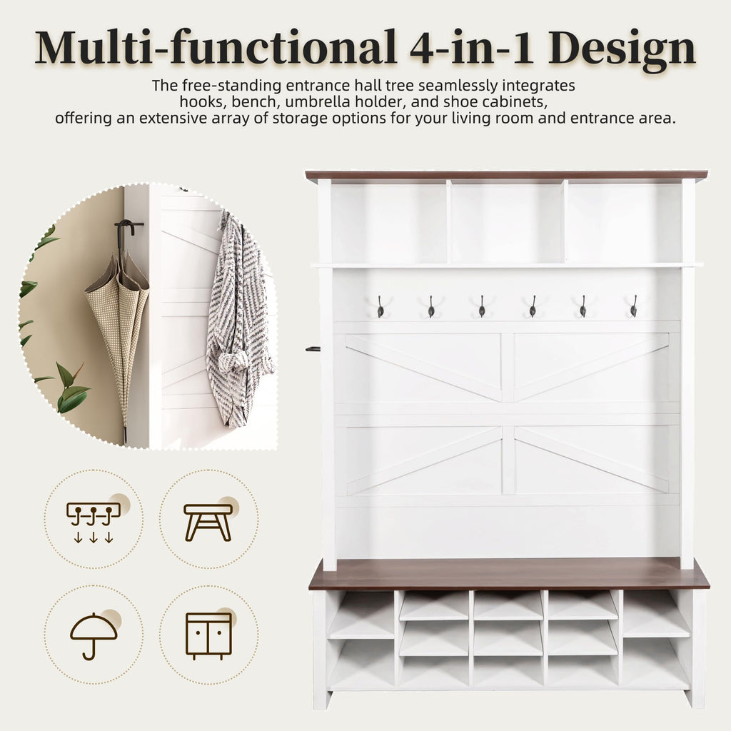 Farmhouse Wood Hall Tree with 6 Hooks and Entryway Shoe Bench, White