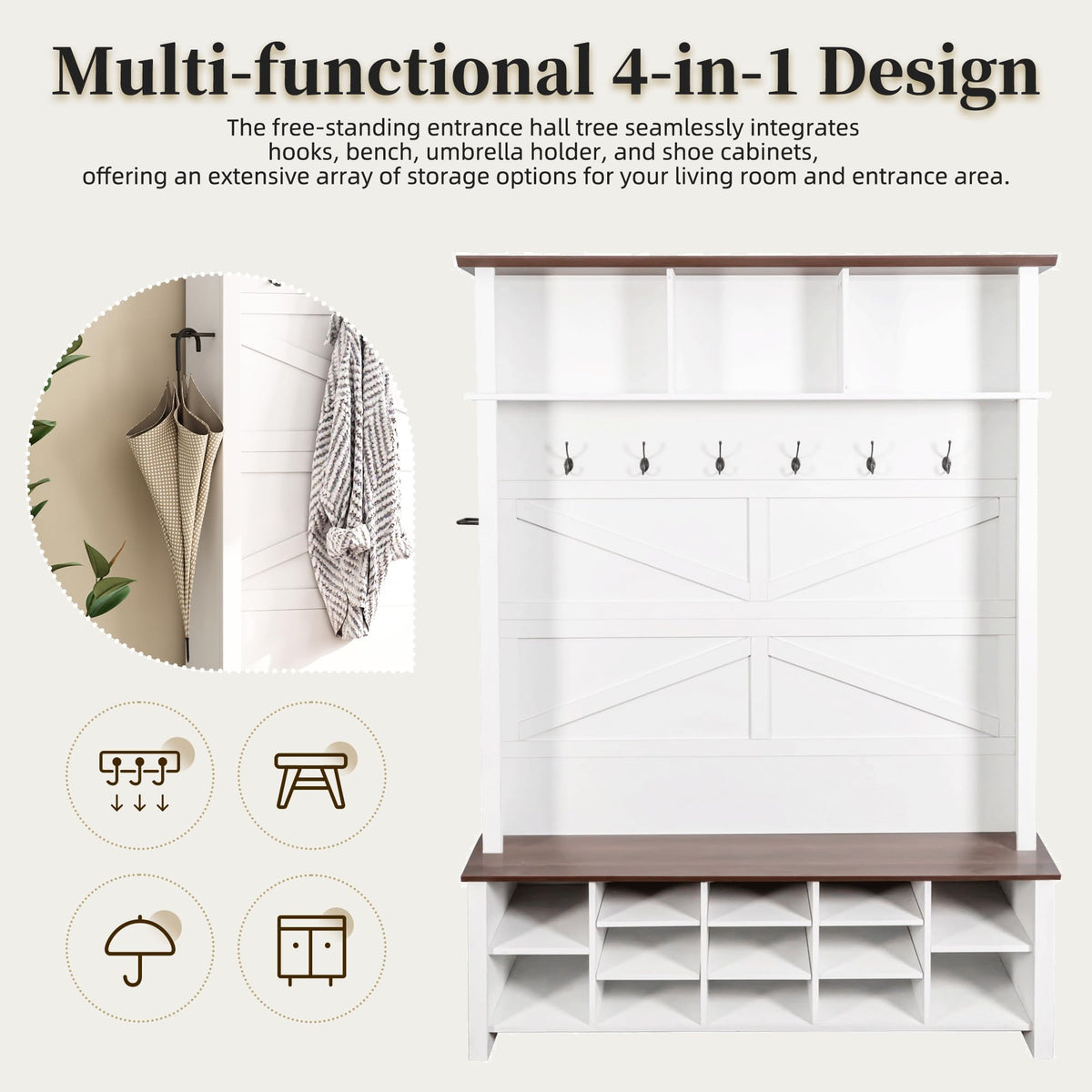 Farmhouse Wood Hall Tree with 6 Hooks and Entryway Shoe Bench, 4-in-1 Coat Rack with 16 Open Compartments &