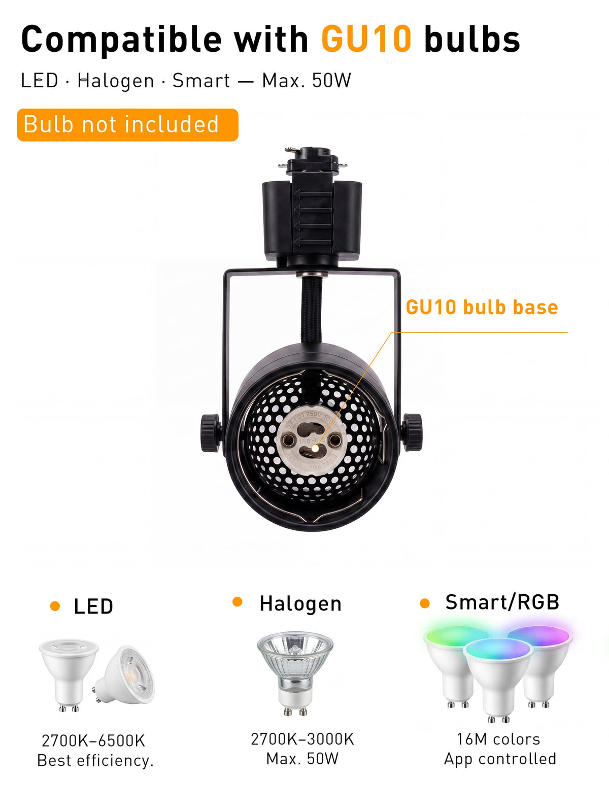 [6 Pack] H Type Track Lighting Heads to Gu10 Base Socket Light Direction Adjustable,Round,Black