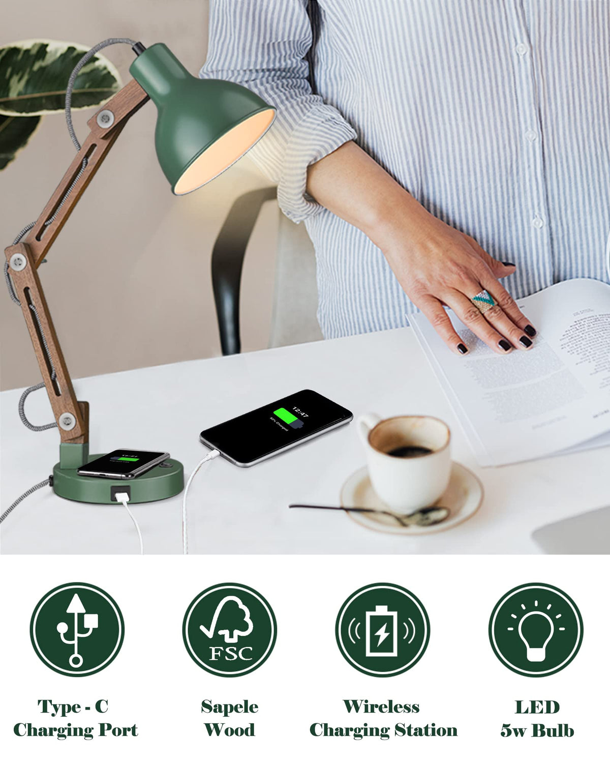 LED Desk Lamp with Wireless Charger, Sapele Wood Reading Light with USB C Charging Port, Swing Arm Table Lamp