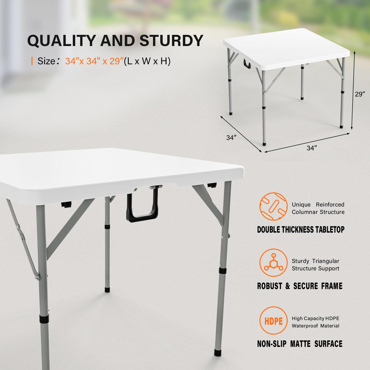 34" Fold in Half Square Table, Bi-Folding Commercial Portable Plastic Dining Table Outdoor Party Wedding Event, White