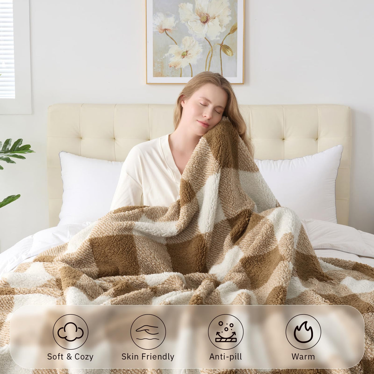 Checkered Throw Blanket for Couch Soft Sherpa Fleece Blanket, Brown