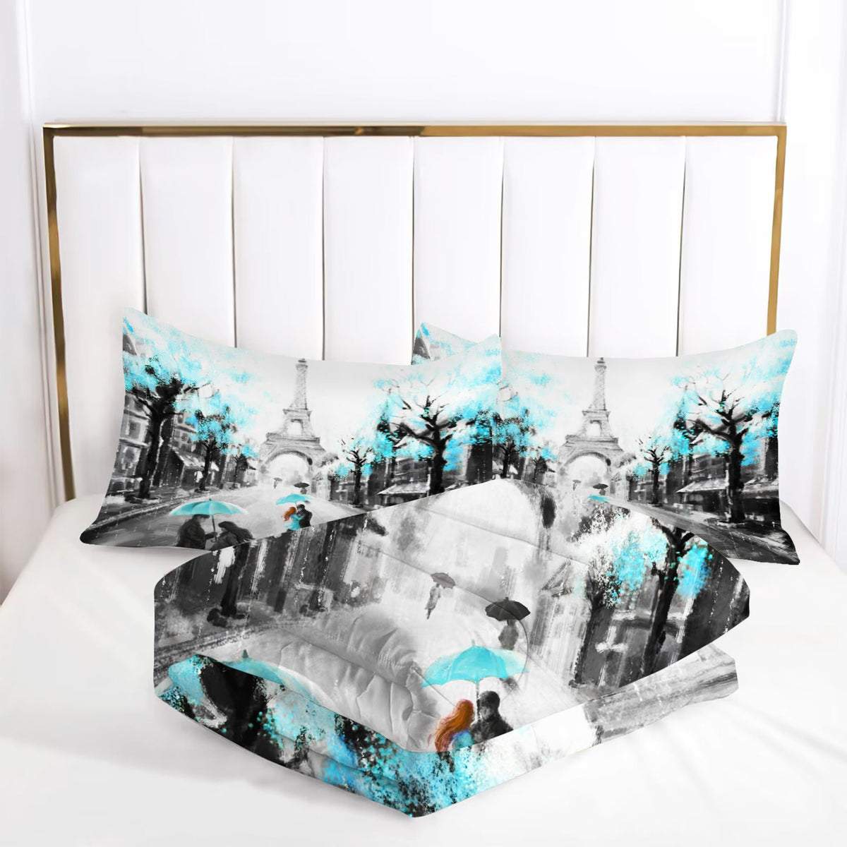 Paris Comforter Set Queen: Teal Paris Bedroom Decor Grey Eiffel Tower Bedding Sets French Style Romantic Quilt Bed