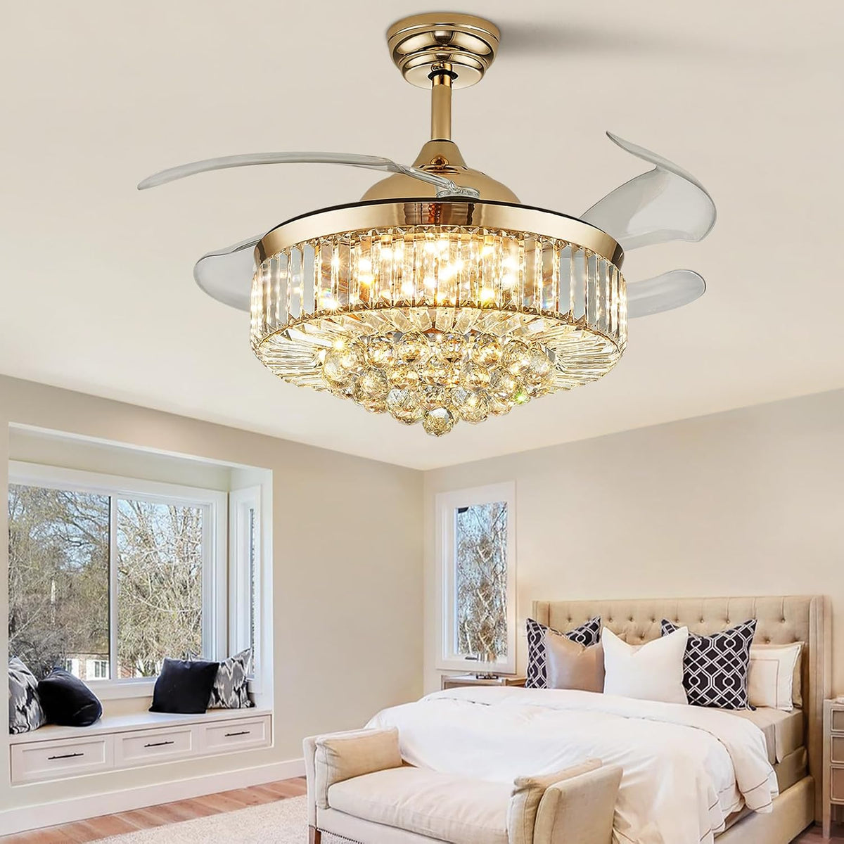 Gold Crystal Retractable Ceiling Fan with Light & Remote