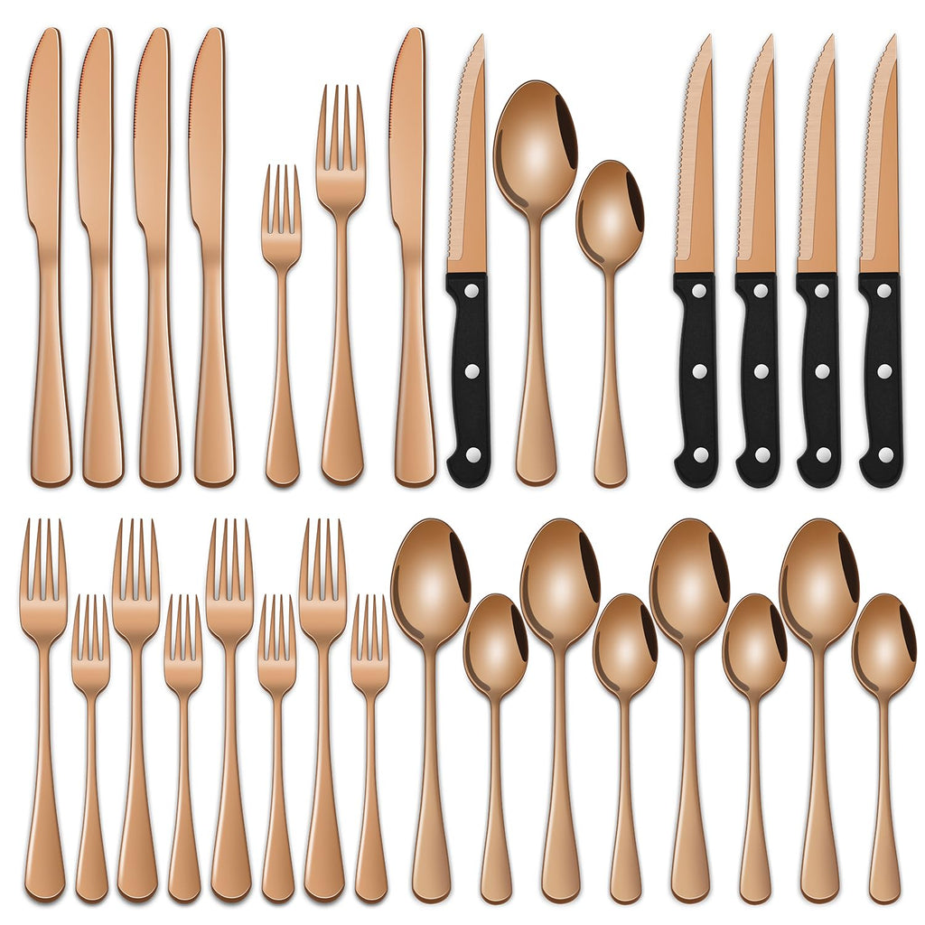 24 PCs Rose Gold Flatware Sets Service For 4, Copper Kitchen Utensils Set