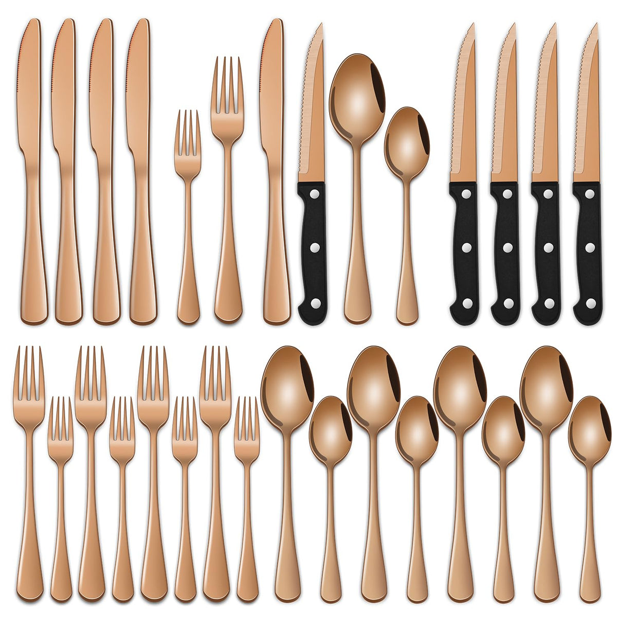 24 PCs Rose Gold Flatware Sets Service For 4, Copper Kitchen Utensils Set