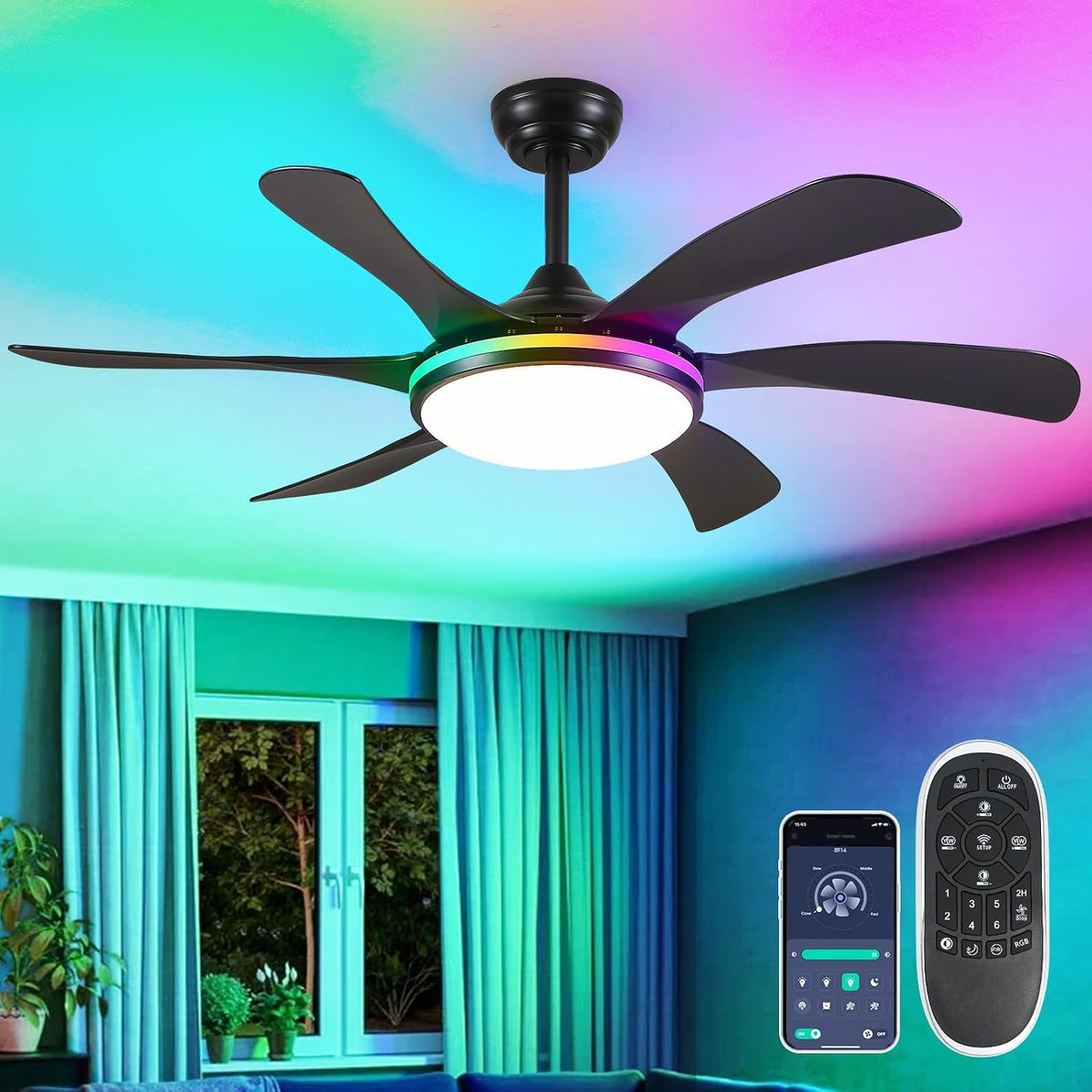 46In Black RGB Ceiling Fans with Lights - Low Profile Modern Ceiling Fan Light with Remote/APP, RGB+3CCT 6 Wind Speeds and Reversible, Indoor Outdoor Fan Light Fixture for Party, Kid's Room