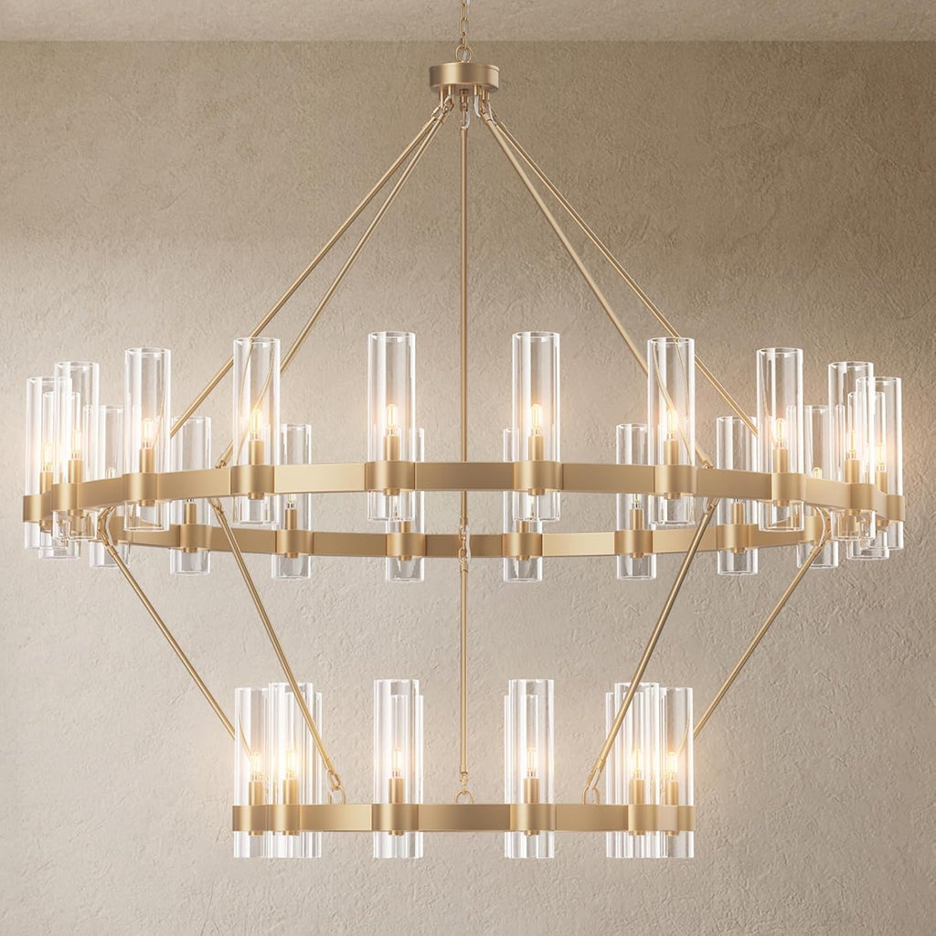 60" 30-Light Gold Large Wagon Wheel Glass Chandelier