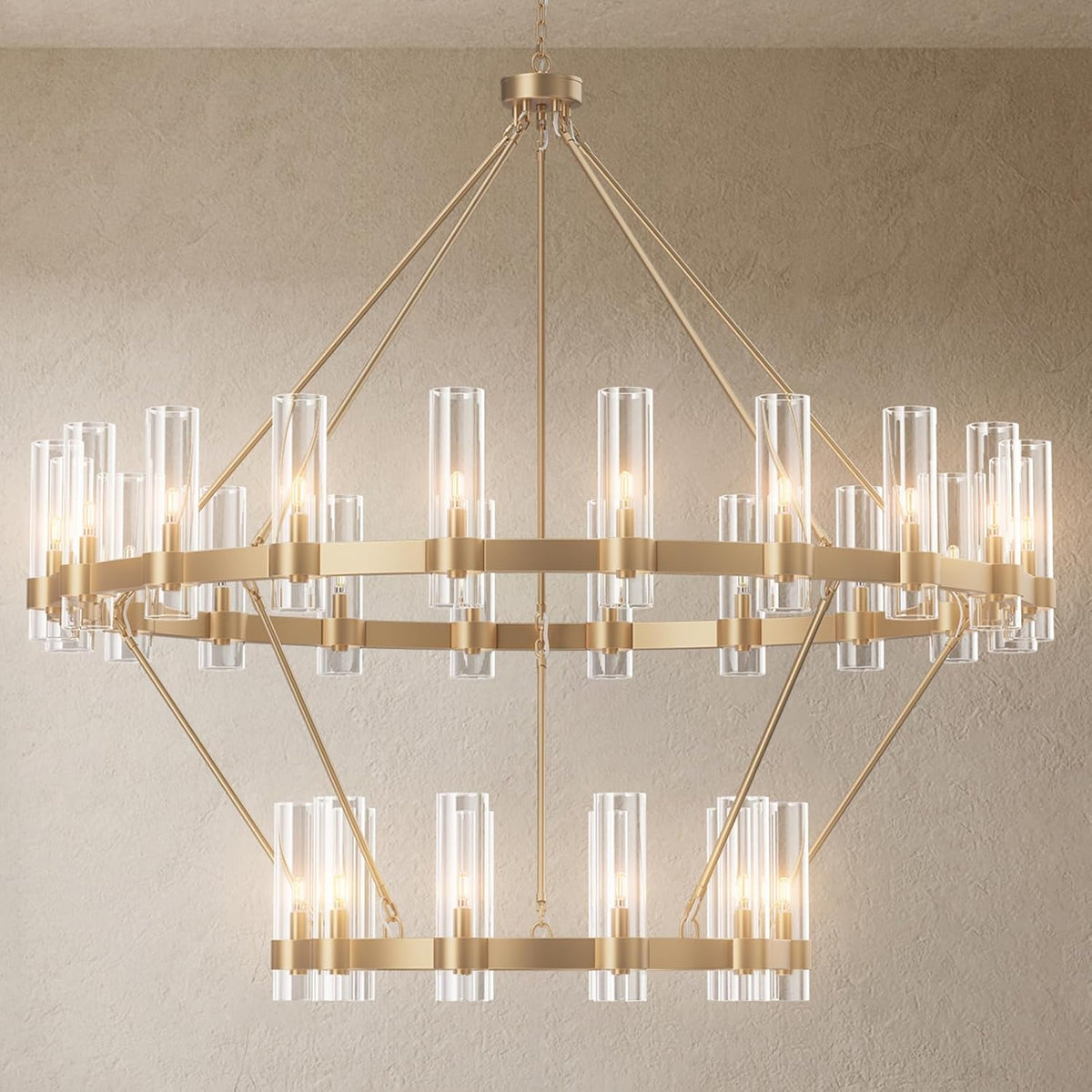 60" 30-Light Gold Large Wagon Wheel Glass Chandelier