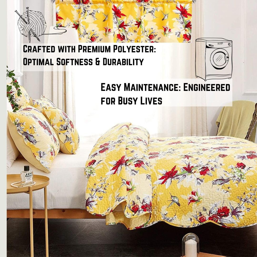 Bedding Radiant Sunshine Yellow Floral Bedspread Set - Hummingbirds Farmhouse Red Flowers Garden Quilted Coverlet