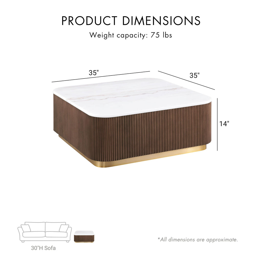 Beryl Square Marble Top Coffee Table, White and Brown