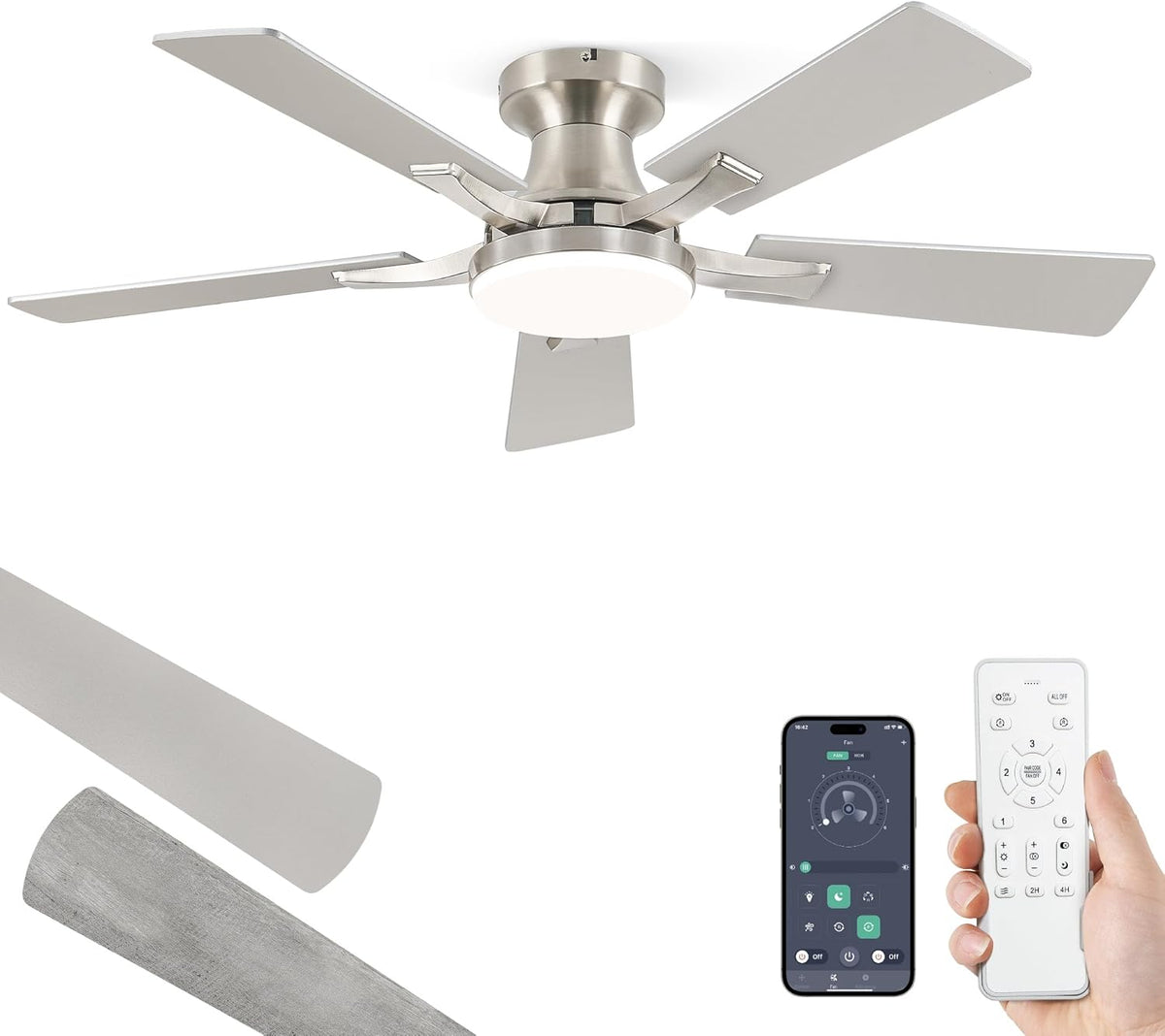 42" Nickel Flush Mount Ceiling Fan with Light & Remote