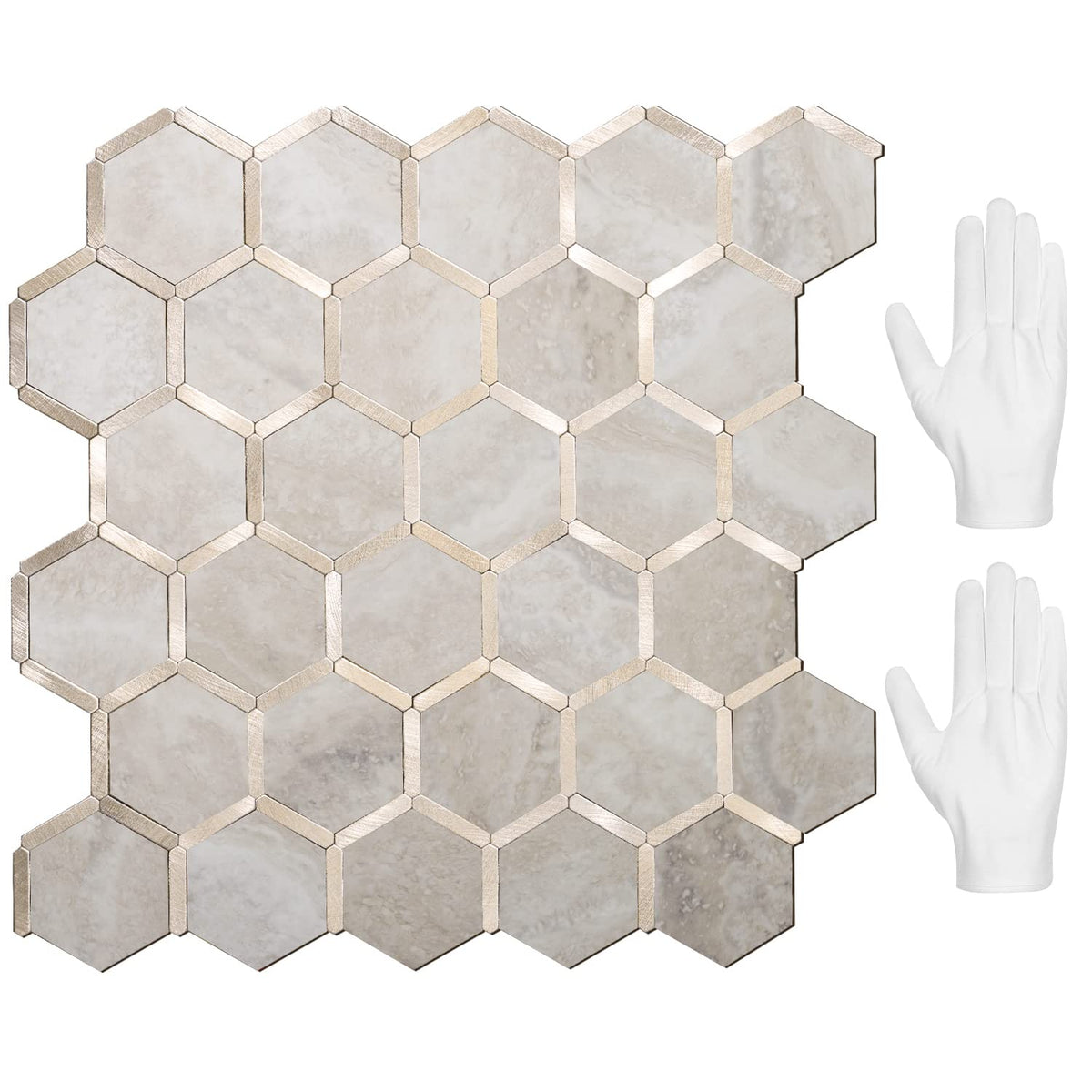 Hexagon Peel and Stick Backsplash Tile, Stick on Backsplash , Beige Marble Look PVC Mixed Metal Gold Self Adhesive
