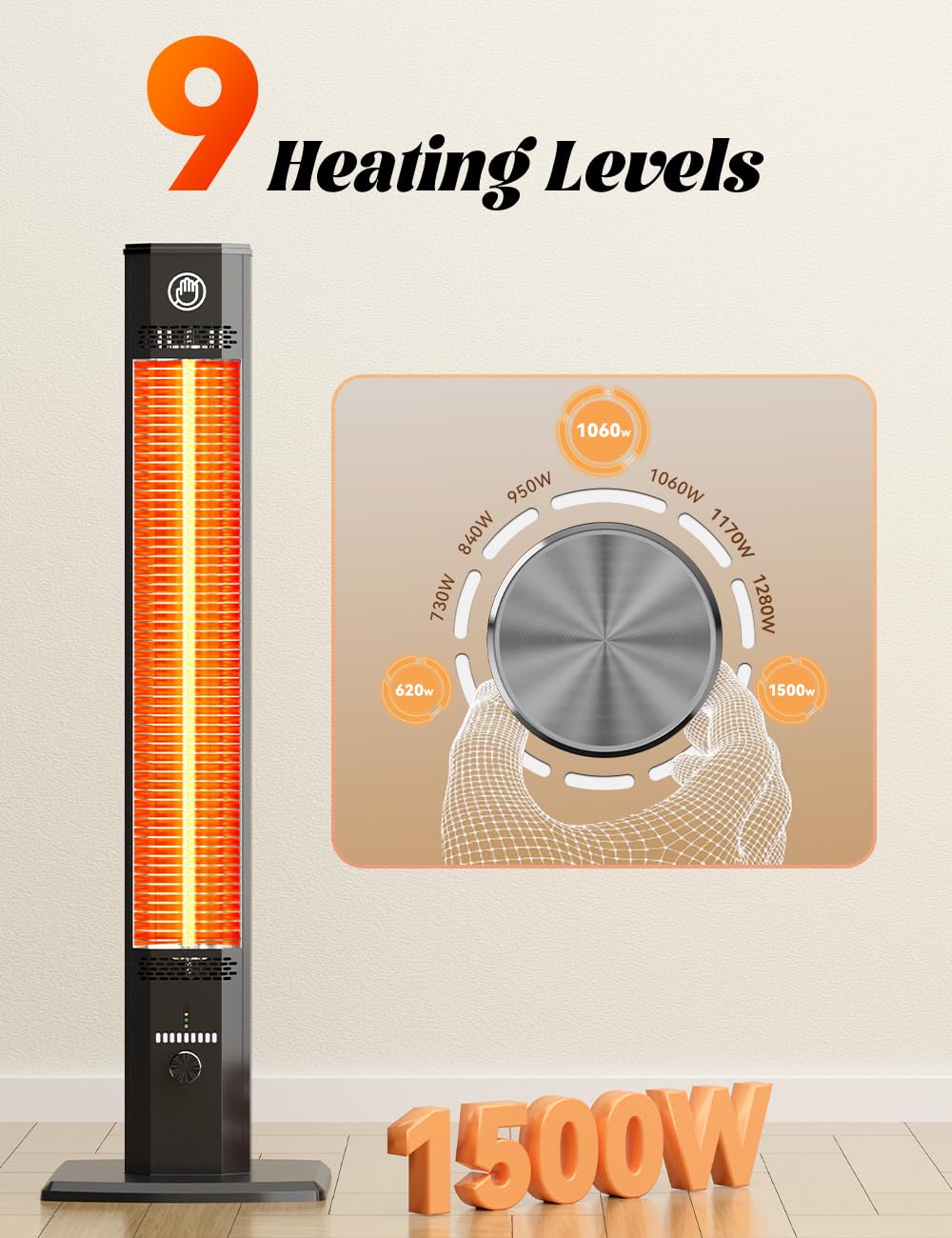 42 Inch Outdoor Heaters Electric, 9 Heat Levels, 1500W