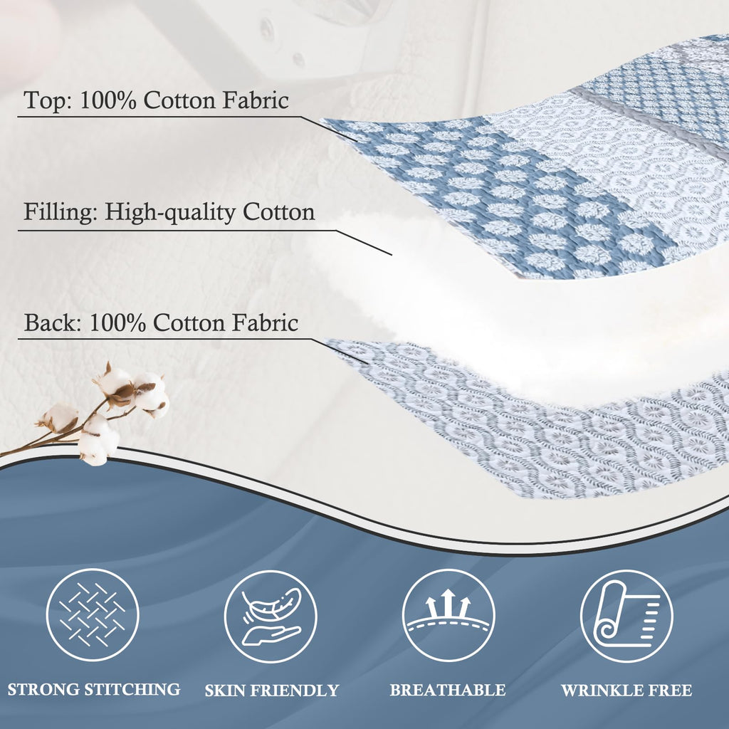 Quilts, Blue Gray Floral Striped Design Quilt Set