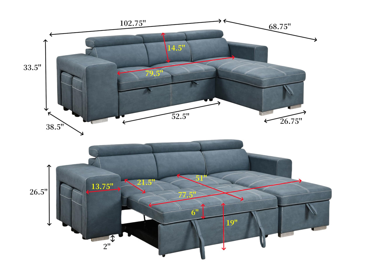 102'' Microfiber L Shaped Sectional Sleeper Sofa Couch with Pullout Bed and Storage Chaise, Convertible Couches with