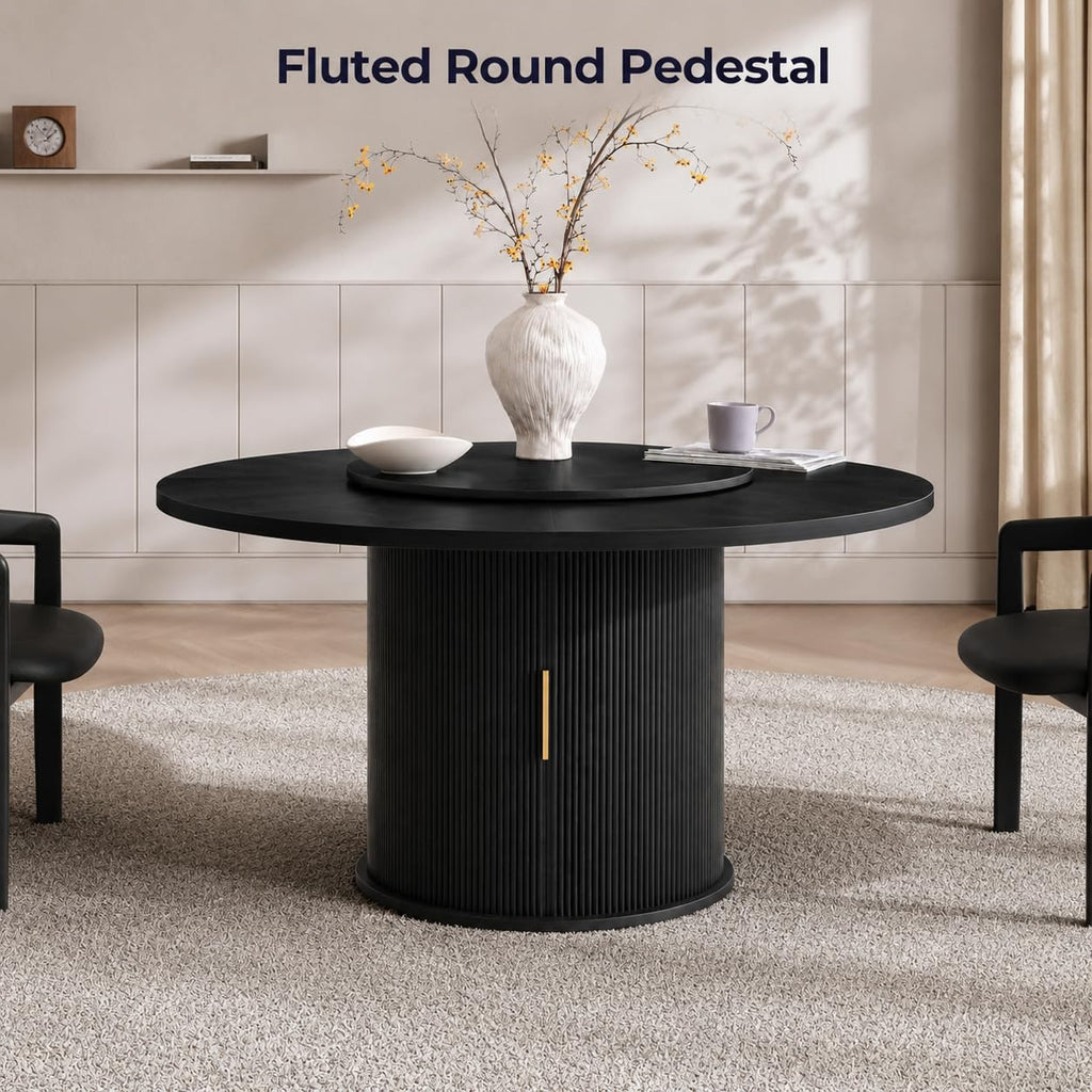 Inspired Saarinen Style 55" Fluted Round Dining Table for 4-6, Mid-Century Modern Kitchen Table with Rotating Tray, 2-Tier Storage Shelf