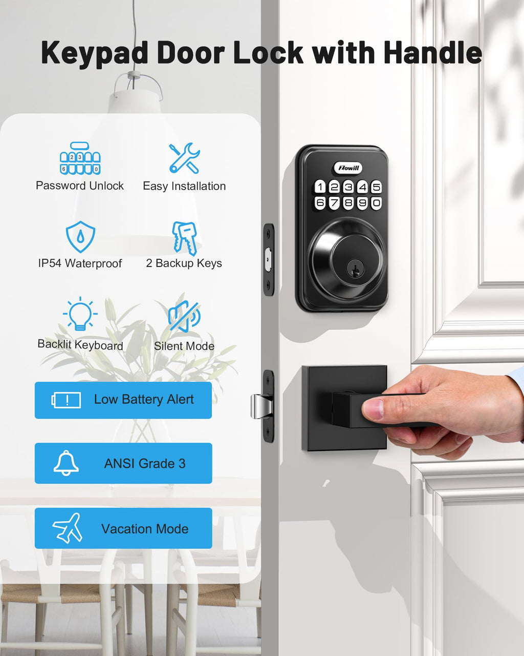 Keyless Entry Keypad Deadbolt Lock with Handles, Matte Black