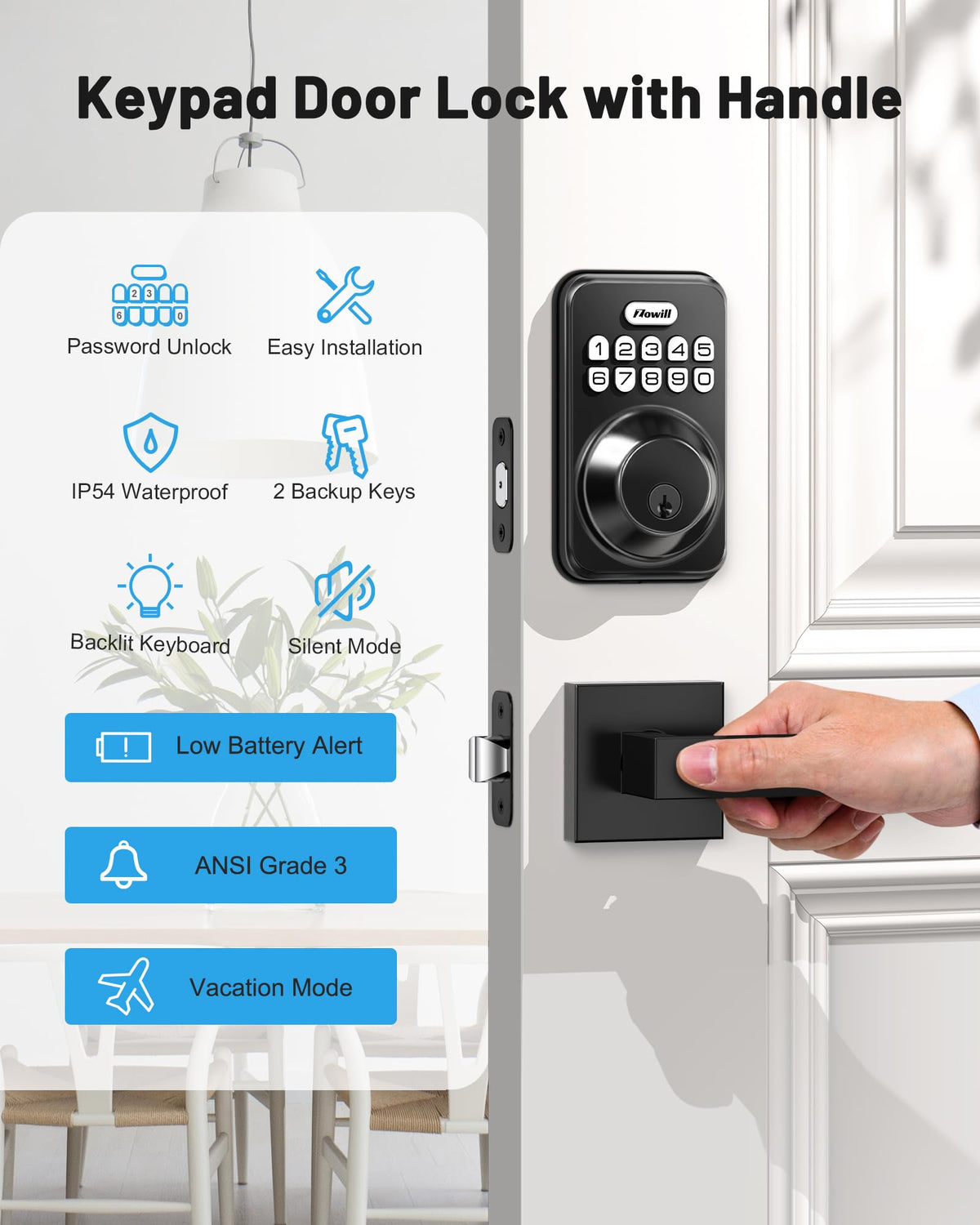 Keyless Entry Keypad Deadbolt Lock with Handles, Matte Black