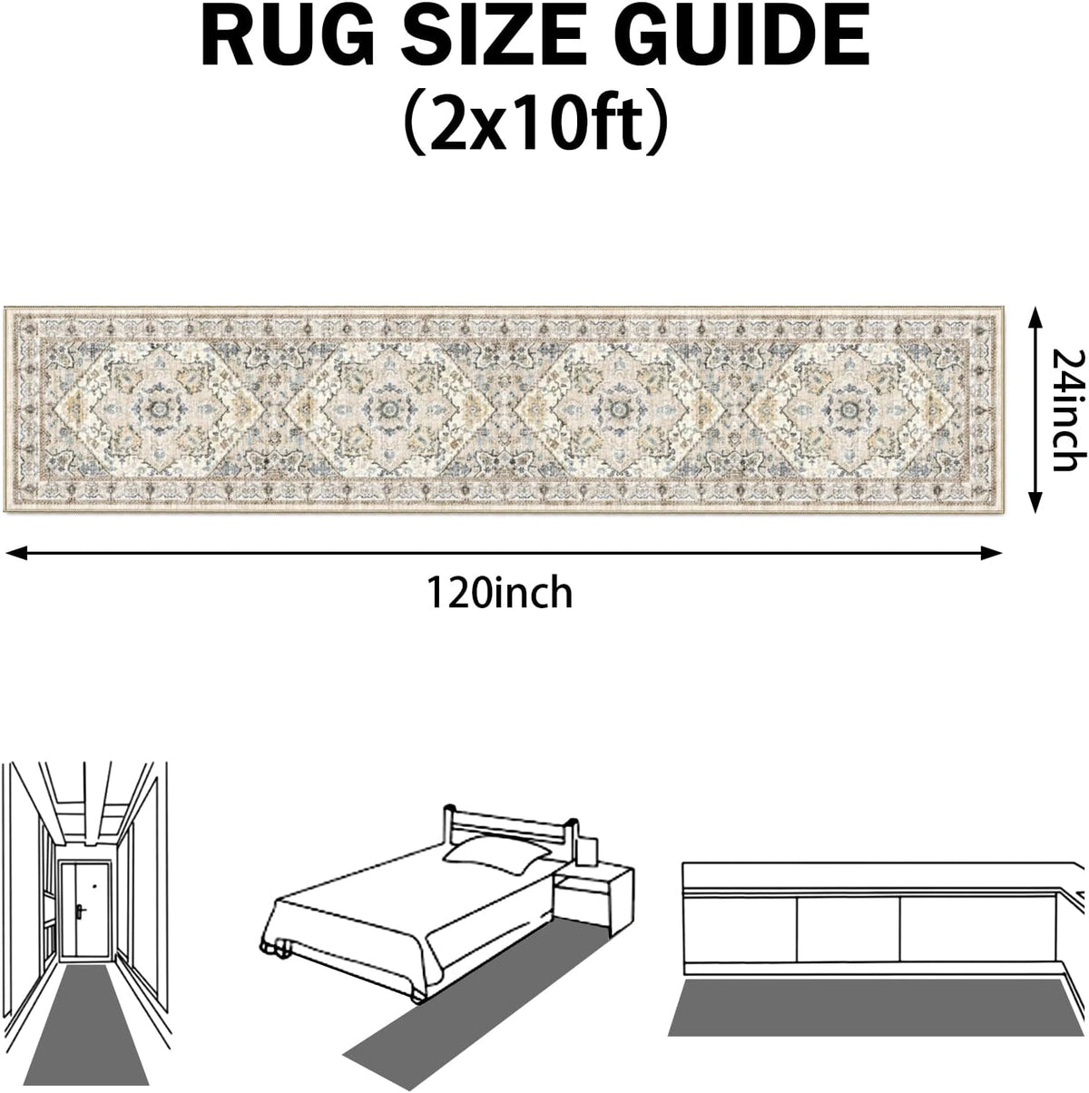 Boho Washable Runner Rugs Beige Non Slip Low Pile Long Runner Rug, Stain Resistant Soft Faux Wool Runners