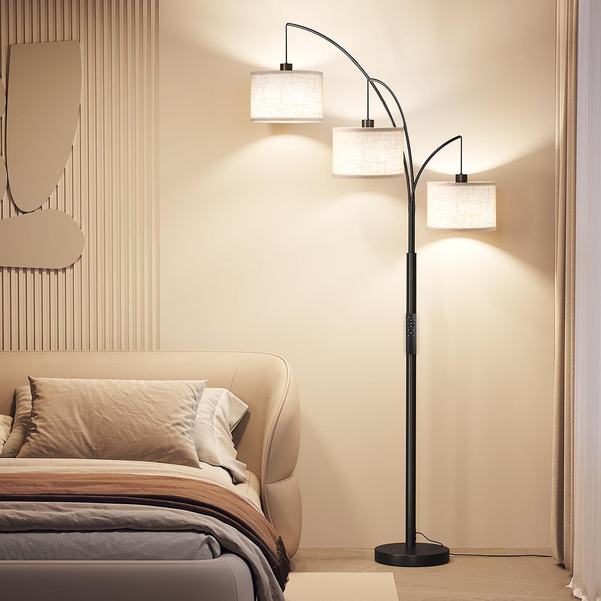 3 Lights Floor Lamp with Remote Control and 3 Stepless Dimmable Bulbs, 78" Tall Standing Lamp with Hanging Drum Shade