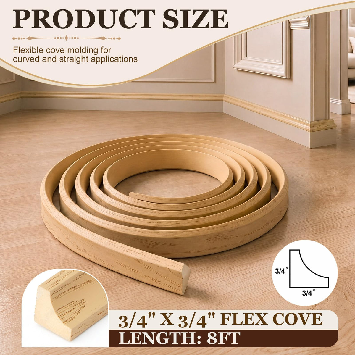 Flexible Cove Molding, 3/4" Thick x 3/4" Wide x 8 ft Long
